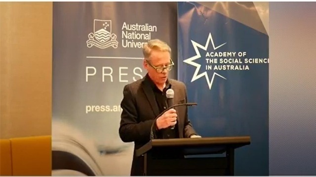 Professor Mark Kenny launching Morrison’s Miracle: The 2019 Australian Federal Election. Bookplate Café, National Library of Australia.